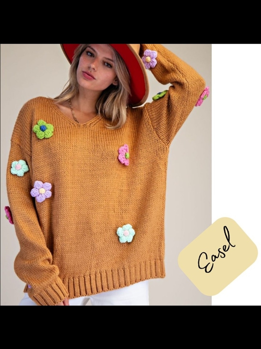 Easel V-Neck Drop Shoulder Sweater with Pastel Crocheted Flower Appliqués